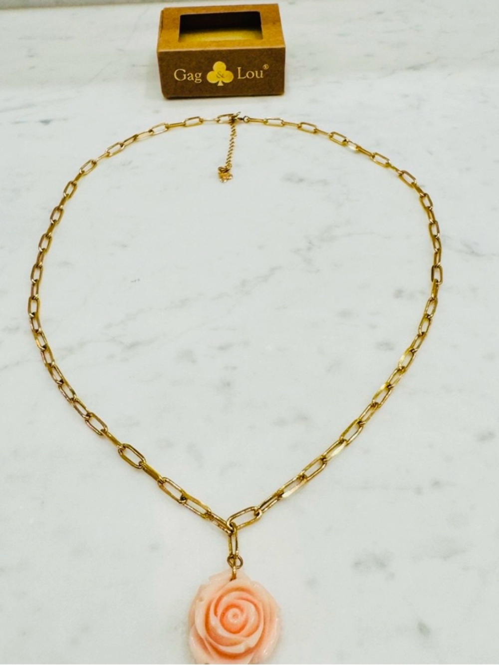 Gag & Lou Ronsard Rose Pendant Necklace Gold Chain Pink Floral Charm 🌸